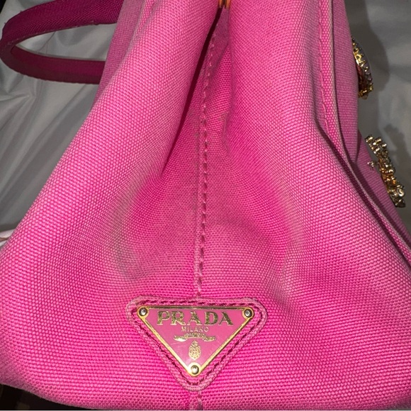 Prada Medium Canapa Tote Hot Pink Canvas Bag + 6 Vintage Brooches - Picture 5 of 11